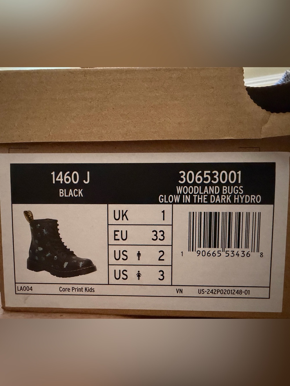 Dr. Martens Junior 1460 Woodland Bugs Glow in the Dark Boots Black    UK 1/US 2 - Picture 6 of 7